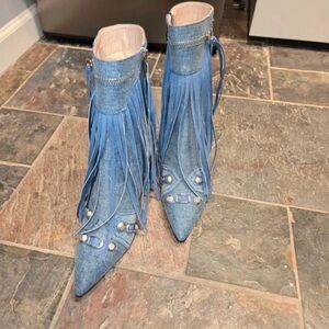 Akris Light Blue Denim Fringe Pointed Toe Ankle Booties